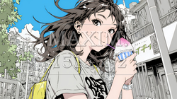 夏空の下でかき氷をたべる若い女性 | 1643998-9920