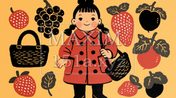 おいしい果実（いちご、柿、葡萄、プラム、スモモ）を子供が紹介する背景画像
