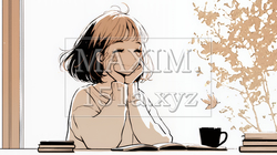 秋の読書を楽しむ若い女性｜静かで落ち着いた秋の日のイラストポートレート（シンプルな色使い）｜1688809-18101