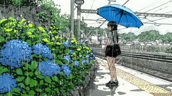鉄道の駅のプラットフォームに植えられた満開のあじさいと梅雨の雨と若い女性｜280280-8535