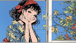 紅葉に包まれた中、着物を纏った若い女性が佇んでいる