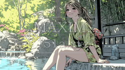 足湯に浸かっている若い女性 | 1687301-9100
