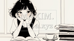 秋の読書を楽しむ若い女性｜静かで落ち着いた秋の日のイラストポートレート（シンプルな色使い）｜1773225-18110