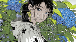アジサイと梅雨の長雨と若い女性｜1789198-9294