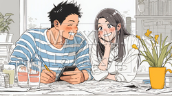 仲良く二人で旅行の計画を立てている若いカップル｜