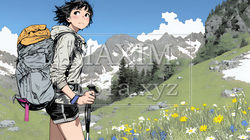 ソロハイキング（ソロ登山）を楽しんでいる若い女性｜1717035-5900
