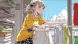 洗濯物を取り込んでいる若い女性