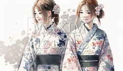 おそろいの浴衣姿で花火大会かお祭りに出かける仲良しの女友達たち