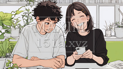 幸せそうに一緒にスマホを見る若いカップル｜1747845-16370