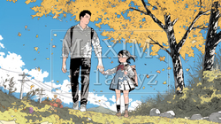紅葉の小径を仲良く歩く少女と父親｜1793877-5862