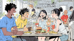 親しい仲間とファーストフード店で食事をしている若者たち | 171955-7960