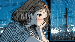 思案・反省・諦め；窓から流れ落ちる雨粒を見つめる若い女性 | 1730337-15313