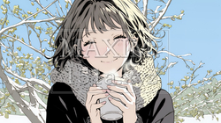 寒い冬、温かい飲み物を手にして、ふっと幸せそうに微笑む若い女性 | 1734366-15302