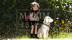 愛犬と散歩をしている女の子（クレヨン＋水彩画風）｜1735239-12864