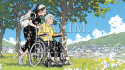 車椅子の歳をとった女性が若い女性に付き添われて公園を散歩している | 1746652-7511