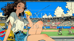 野球などの屋外スポーツを観戦しながら、ビールを楽しむ若い女性。 | 1754947-9546