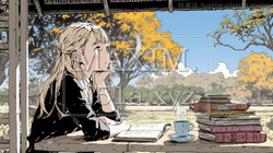 秋の読書を楽しむ若い女性｜静かで落ち着いた秋の日のイラストポートレート｜1848202-18111
