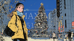 クリスマスイルミネーションが美しい街を散策する若い女性 | 1787345-6601