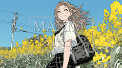 春風の中、菜の花畑にいる制服姿の女子高生 | 1816573-15368