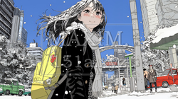 雪の積もる冬の都会を散策している若生女性