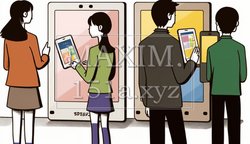 コンピューターと人間の交流：人がデバイスを操作する、情報交換の様子。漫画風。