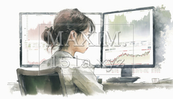 デスクに向かって取引画面を操作する女性トレーダーの横顔。 | 1849280-3848