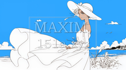 一人旅の若い女性と夏のビーチの風景（シンプルな色使い）
