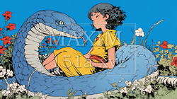 年賀状用：ヘビとなかよしの若い女性｜1833973-6051