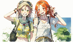 山にハイキングに来ている仲の良い若い女友達：水彩画 | 186065-4361