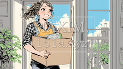 引っ越しの荷造り・荷解きをしている若い女性 | 1877312-14936