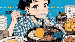 食事をしている若い女性：たくさんの食材を前にもりもり食べている