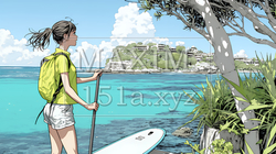 海でSUP（サップ）を楽しむ若い女性（ライフジャケットとリーシュコードの装着は必須だよ）｜爽やかなマリンスポーツ・夏のレジャーイラスト | 1902666-20480