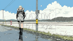 雪解けでぬかるんだ道を歩く若い女性 | 1908611-14994