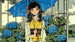 あじさいの小径を和服で歩く若い女性｜1990361-8534