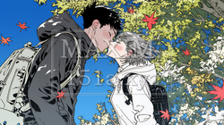 秋の紅葉の下でキスをしている若い恋人たち｜