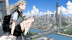 都市のランドスケープを眺めている若い女性