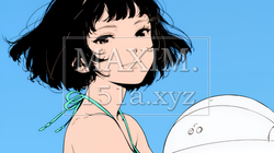 ビーチボールを持った若い女性（シンプルな色使い）