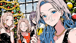 クリスマス女子会：クリスマスツリーを前で飲んで食べて大はしゃぎ