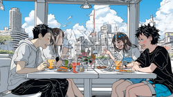 親しい仲間とファーストフード店で食事をしている若者たち | 1940681-7962