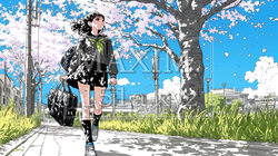 満開の桜の木の下を歩く制服姿の女子高生｜2013346-5856