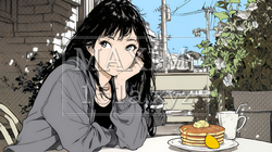 早朝のダイナー（喫茶店）でパンケーキ（モーニングセット）を食べる若い女性｜1316684-15626