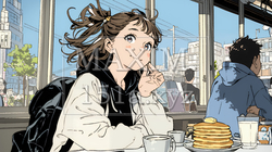 早朝のダイナー（喫茶店）でパンケーキ（モーニングセット）を食べる若い女性