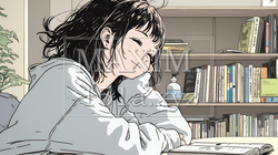 資料（本）を読みながら、うとうと眠ってしまう若い女性 | 195557-15999
