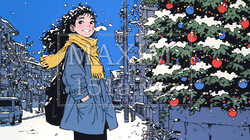 ホワイトクリスマスの街を歩く若い女性 | 1970528-6643