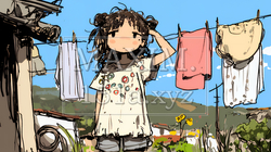 小学生の夏の思い出：グータラと朝寝坊（クレヨン＋水彩画風）