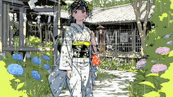 あじさいの小径を和服で歩く若い女性｜2070687-10206