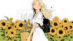 ひまわりと女性（シンプルな色使い）｜2052491-8769