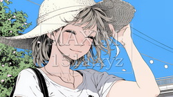 春風に飛ばされそうな帽子を、手で押さえる若い女性春風に飛ばされそうな帽子を、手で押さえる若い女性