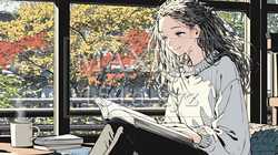 秋の読書を楽しむ若い女性｜静かで落ち着いた秋の日のイラストポートレート｜2599215-18109