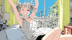 朝の目覚ましを止めて伸びをしている若い女性 | 2039314-15508